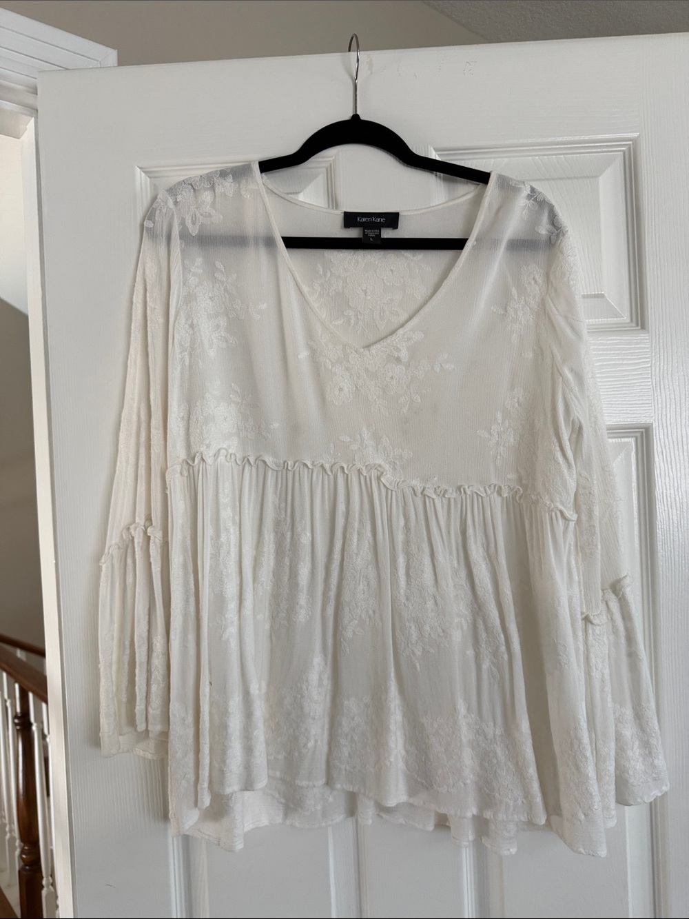 Karen Kane Cream Floral Embroidered Peplum V-Neck Tunic